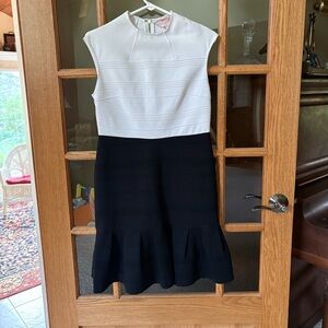 Ted Baker Dress Black and White Cap Sleeve Vertical Pleats Flounce Skirt